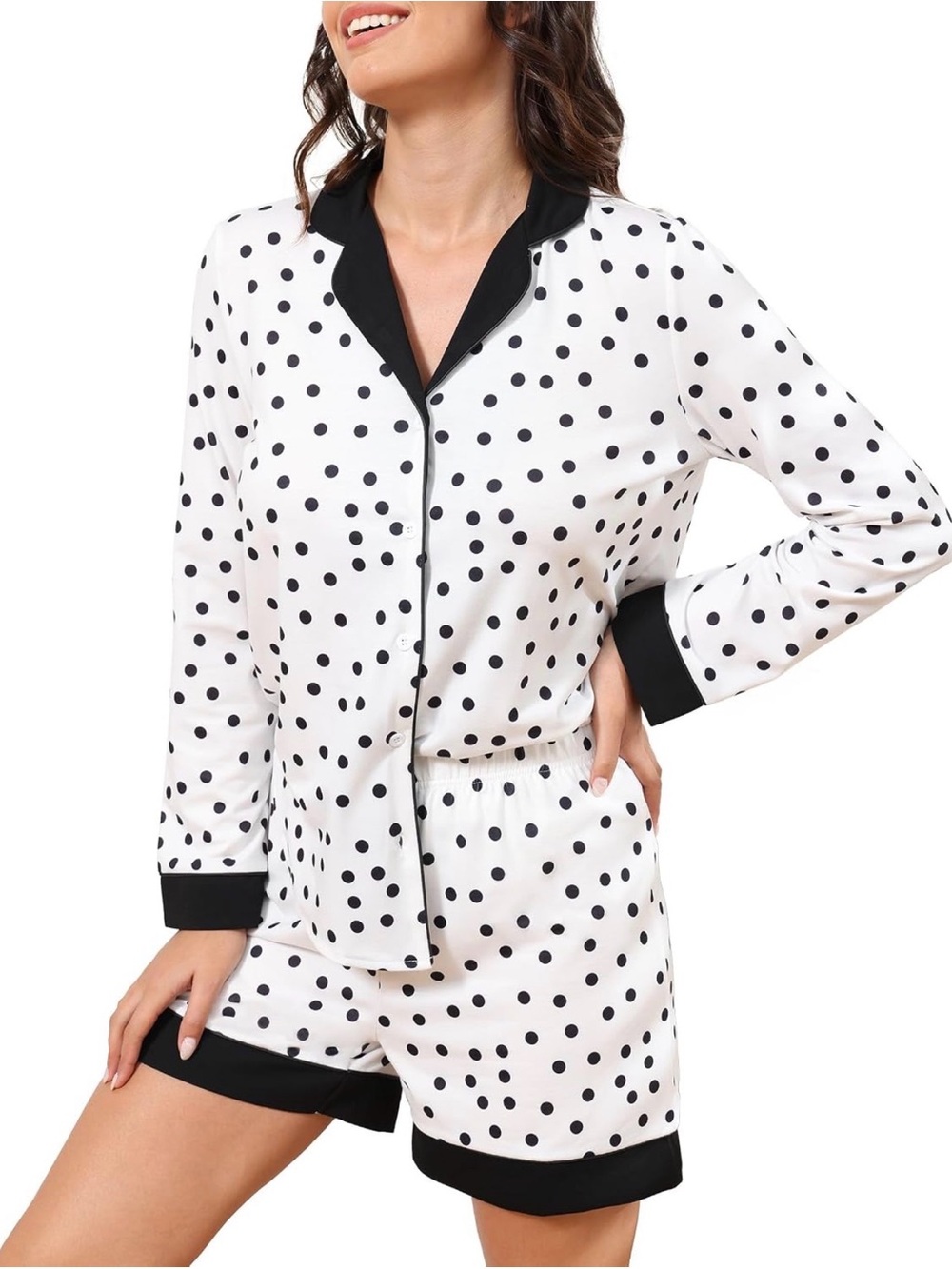 Women's Polka Dot Short Pajama Set - White with Black Trim